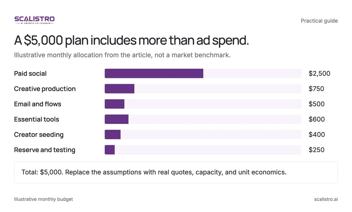 A $5,000 plan includes more than ad spend. Illustrative monthly allocation from the article, not a market benchmark. A text equivalent follows.