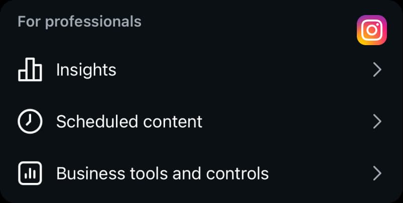 Instagram professional settings showing Insights, Scheduled content, and Business tools and controls.