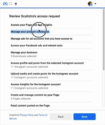 Facebook showing Review Scalistro’s access request, the requested permissions, and Save.