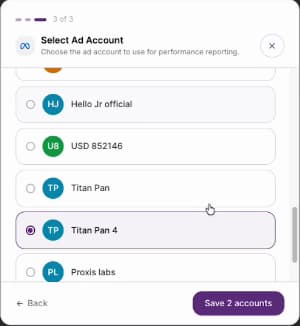 Select Ad Account dialog with Titan Pan 4 selected and Save 2 accounts available.