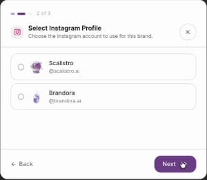 Select Instagram Profile dialog showing two available profiles, with neither selected.
