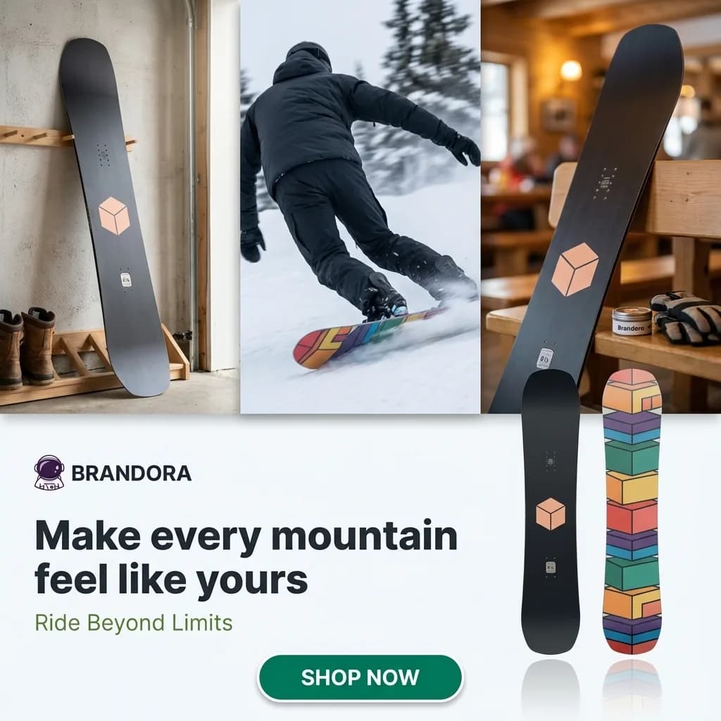 Illustrative snowboard ad with indoor board displays and a rider, titled Make every mountain feel like yours.