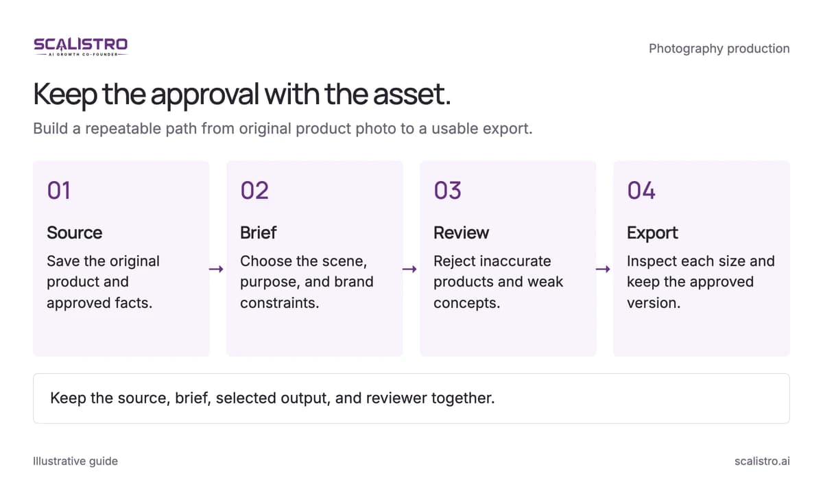 Keep the approval with the asset. Build a repeatable path from original product photo to a usable export. A text equivalent follows.