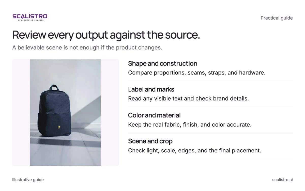 Review every output against the source. A believable scene is not enough if the product changes. A text equivalent follows.