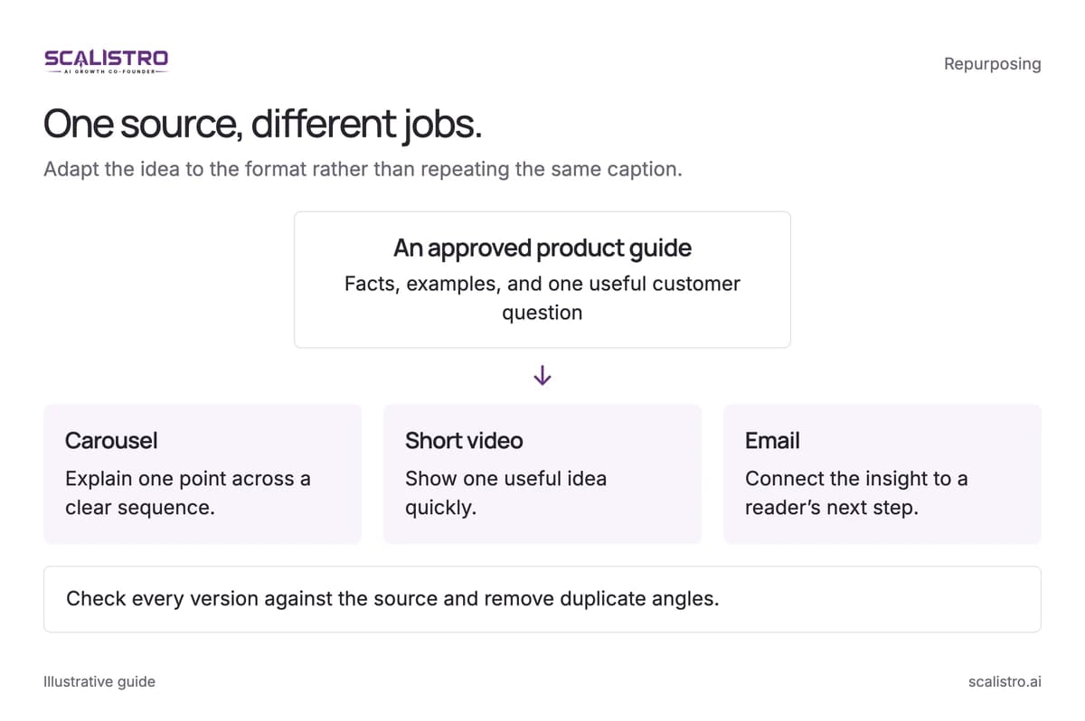 One source, different jobs. Adapt the idea to the format rather than repeating the same caption. A text equivalent follows.