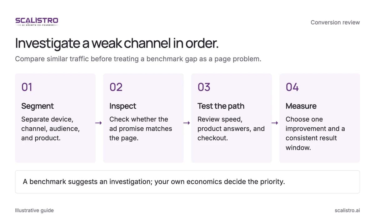 Investigate a weak channel in order. Compare similar traffic before treating a benchmark gap as a page problem. A text equivalent follows.