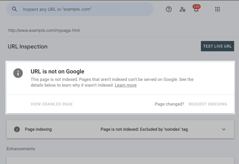 Google URL Inspection example showing a URL status card.