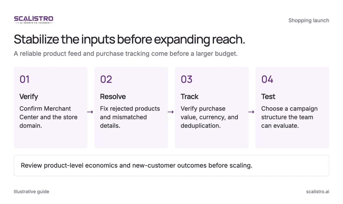 Stabilize the inputs before expanding reach. A reliable product feed and purchase tracking come before a larger budget. A text equivalent follows.