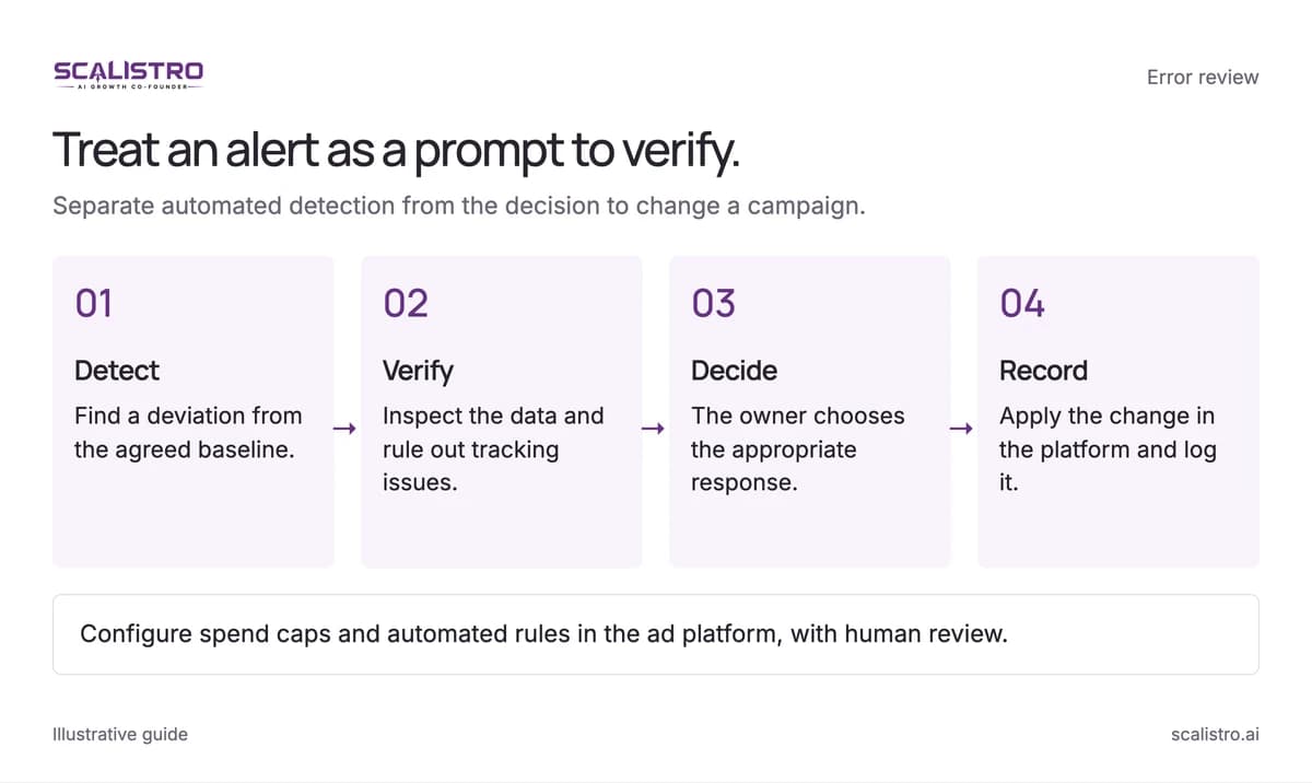Treat an alert as a prompt to verify. Separate automated detection from the decision to change a campaign. A text equivalent follows.