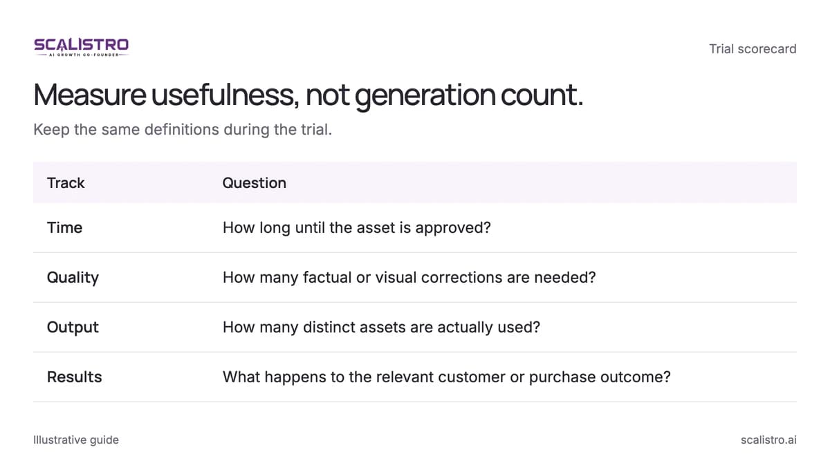 Measure usefulness, not generation count. Keep the same definitions during the trial. A text equivalent follows.