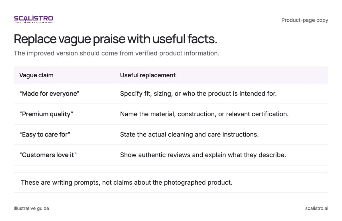 Replace vague praise with useful facts. The improved version should come from verified product information. A text equivalent follows.