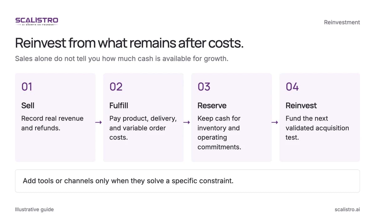 Reinvest from what remains after costs. Sales alone do not tell you how much cash is available for growth. A text equivalent follows.