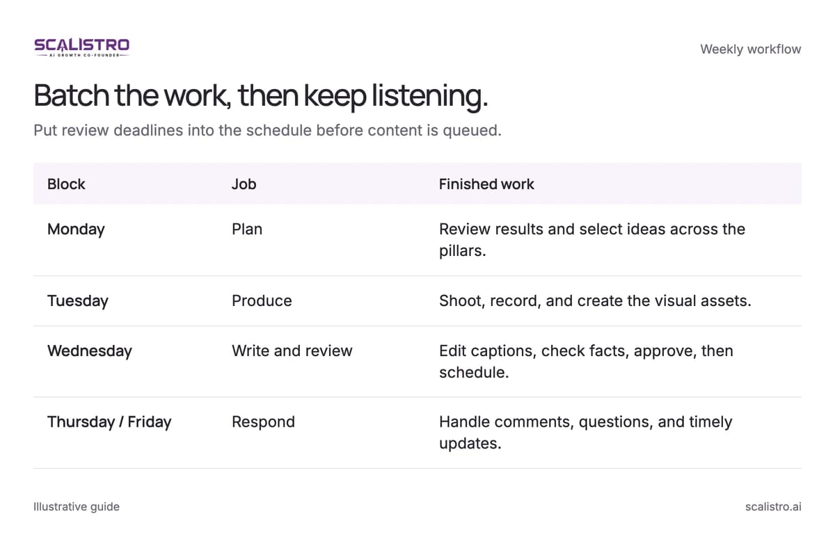 Batch the work, then keep listening. Put review deadlines into the schedule before content is queued. A text equivalent follows.