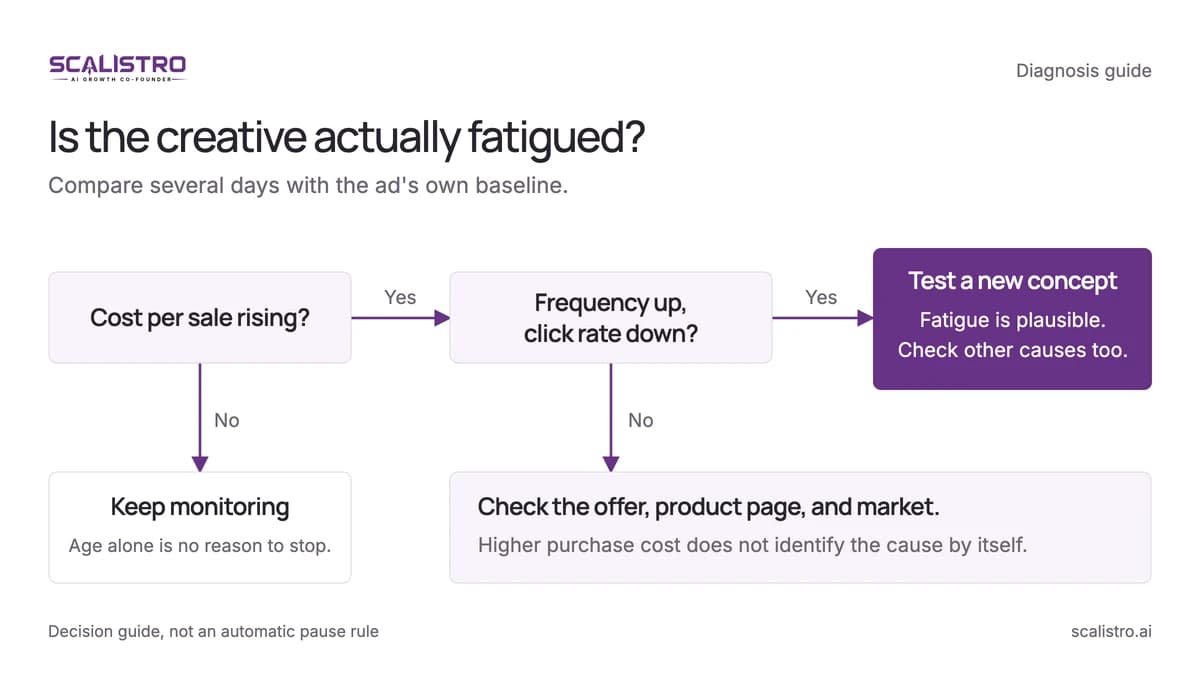 Decision tree: compare cost per sale with the ad's baseline, then check whether frequency is rising and click rate is falling before testing a new concept.