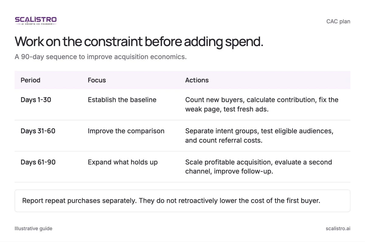 Work on the constraint before adding spend. A 90-day sequence to improve acquisition economics. A text equivalent follows.
