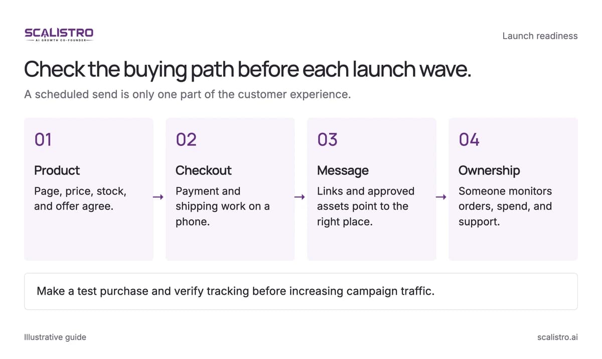 Check the buying path before each launch wave. A scheduled send is only one part of the customer experience. A text equivalent follows.