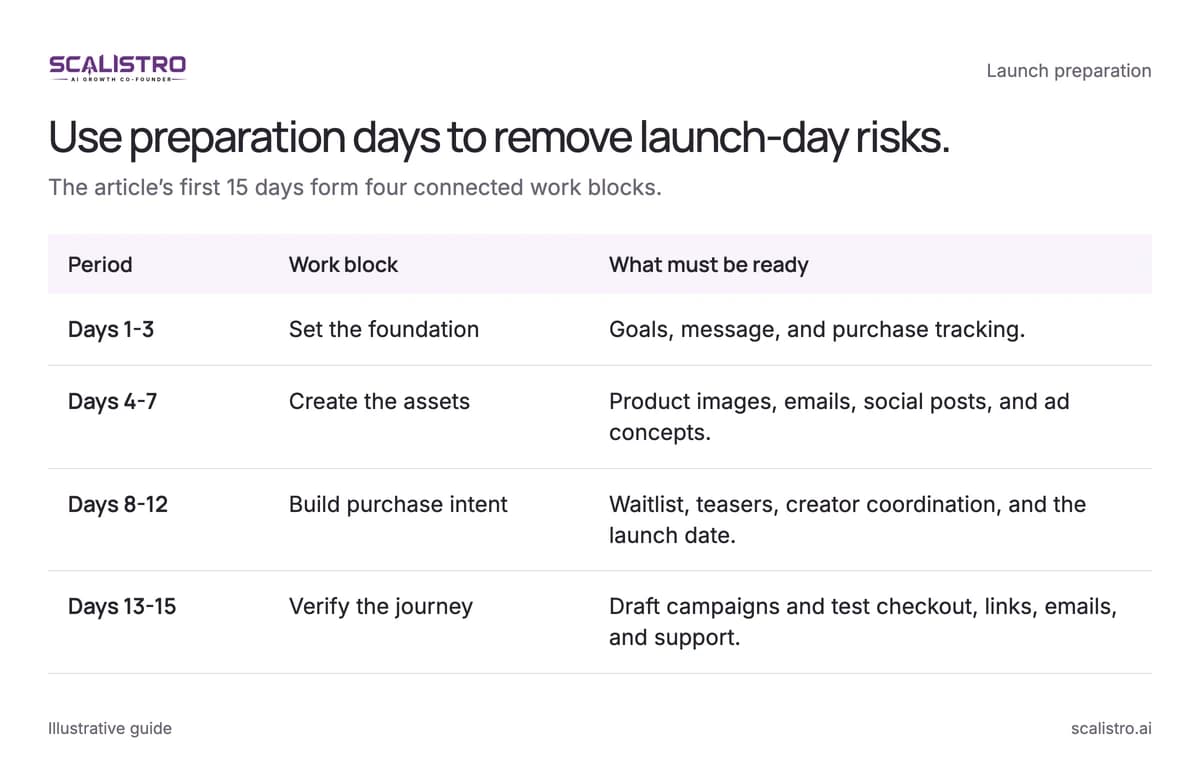Use preparation days to remove launch-day risks. The article’s first 15 days form four connected work blocks. A text equivalent follows.