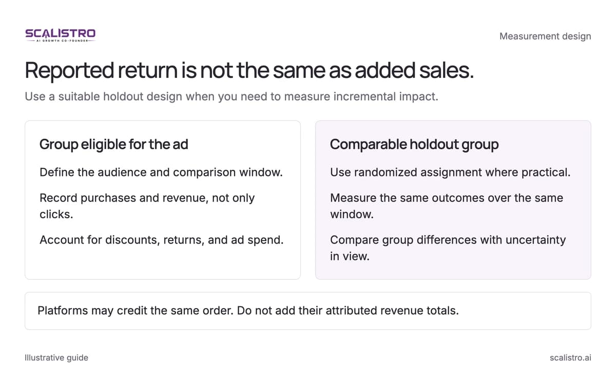 Reported return is not the same as added sales. Use a suitable holdout design when you need to measure incremental impact. A text equivalent follows.