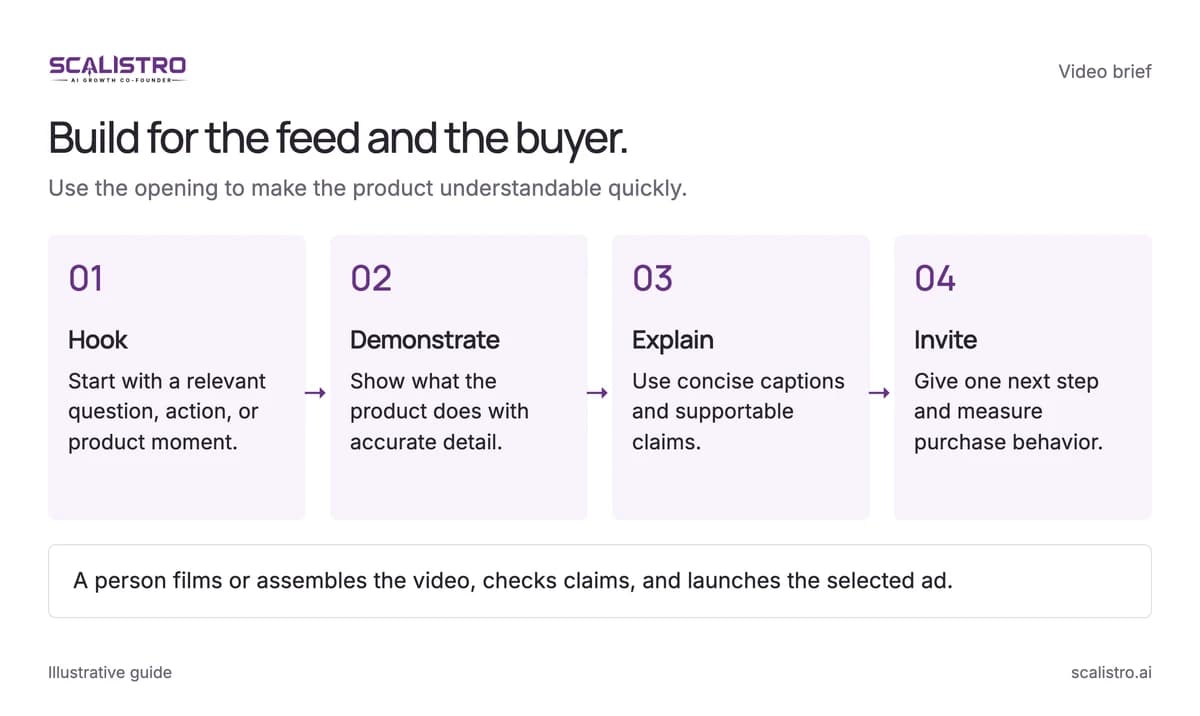 Build for the feed and the buyer. Use the opening to make the product understandable quickly. A text equivalent follows.