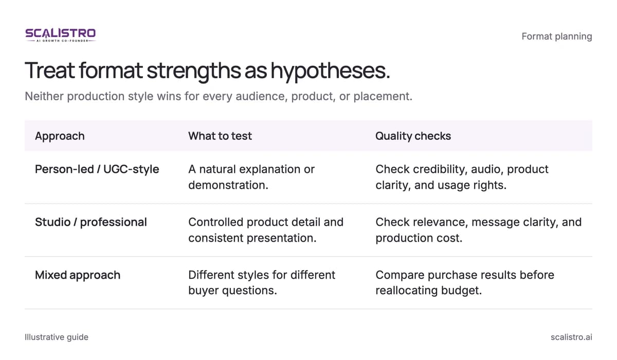 Treat format strengths as hypotheses. Neither production style wins for every audience, product, or placement. A text equivalent follows.