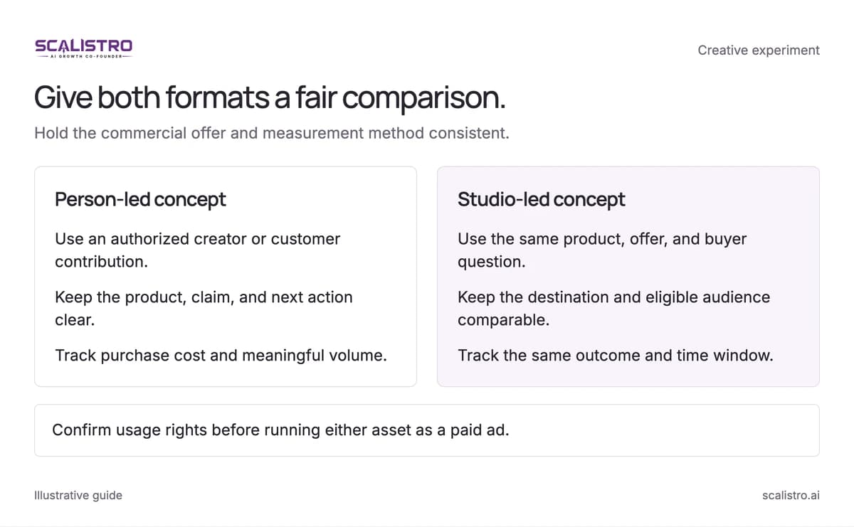 Give both formats a fair comparison. Hold the commercial offer and measurement method consistent. A text equivalent follows.