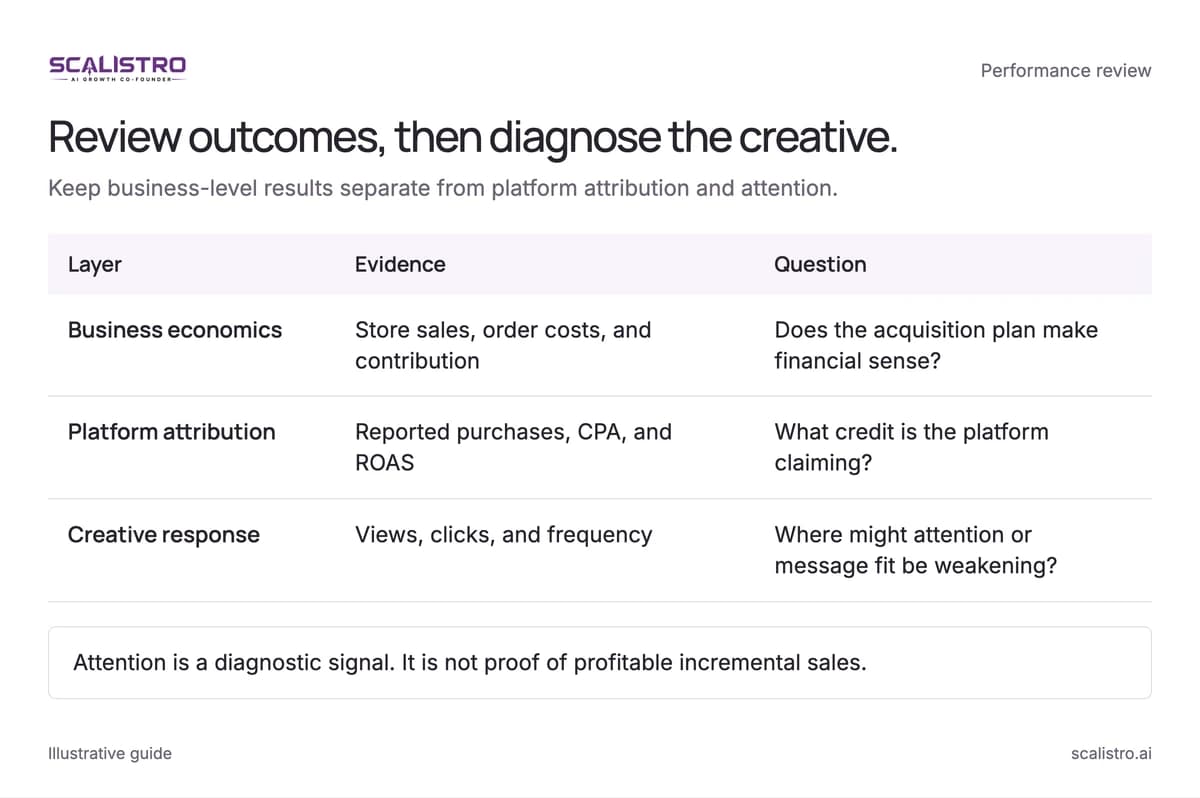 Review outcomes, then diagnose the creative. Keep business-level results separate from platform attribution and attention. A text equivalent follows.