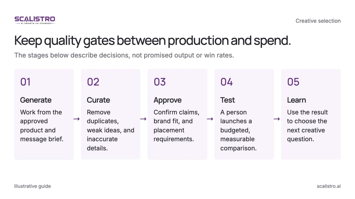 Keep quality gates between production and spend. The stages below describe decisions, not promised output or win rates. A text equivalent follows.