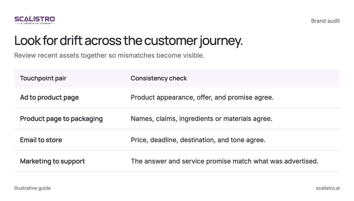 Look for drift across the customer journey. Review recent assets together so mismatches become visible. A text equivalent follows.